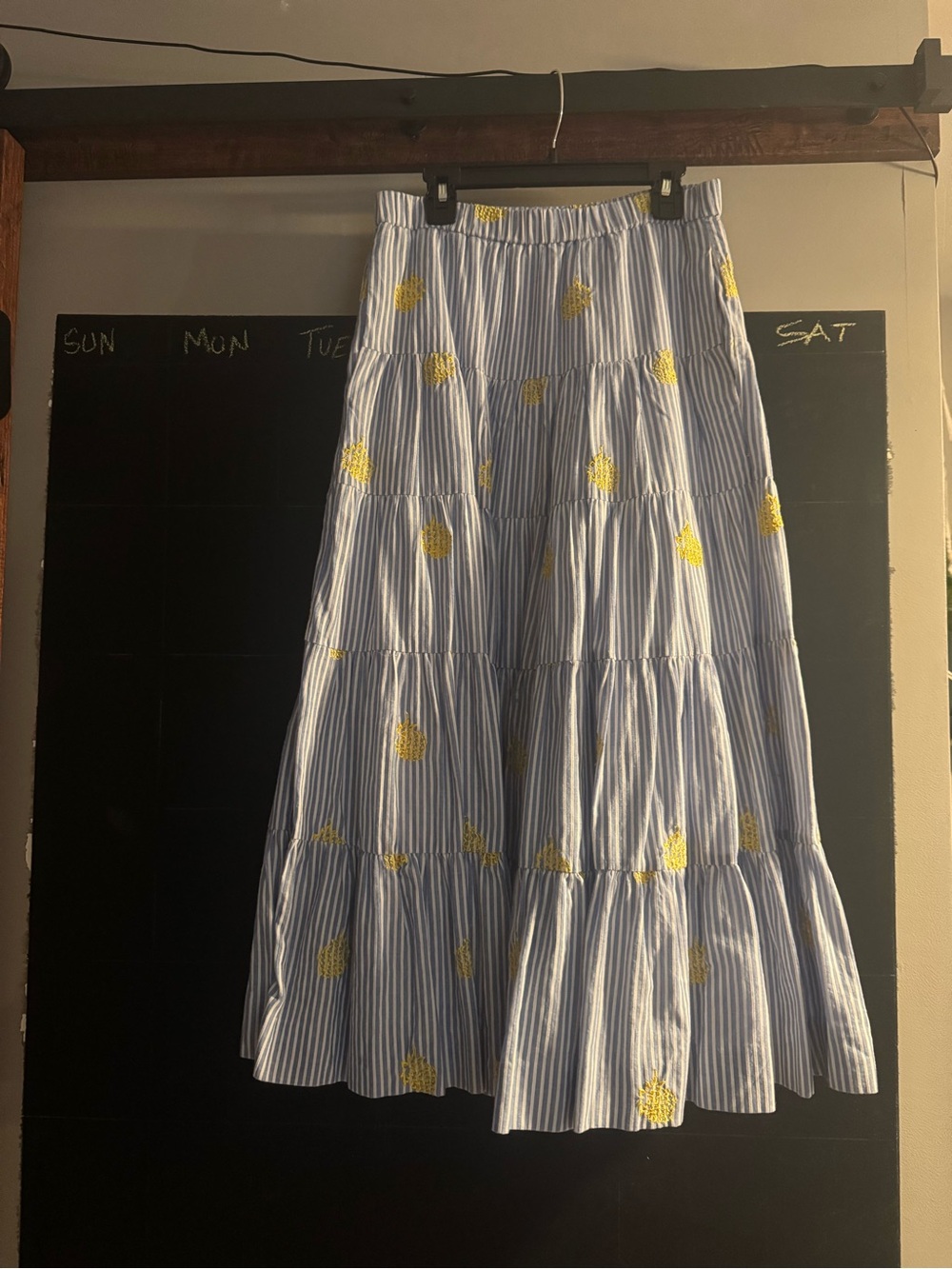 J. Crew Blue-and-White Striped Tiered Maxi Skirt with Yellow Floral Accents